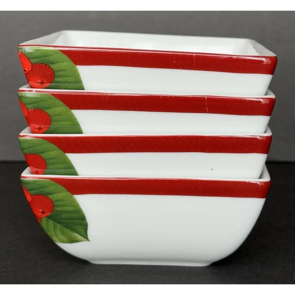 Charter Club GRAND BUFFET Red Berry - Set of 4 Porcelain Square Berry Bowls -EUC